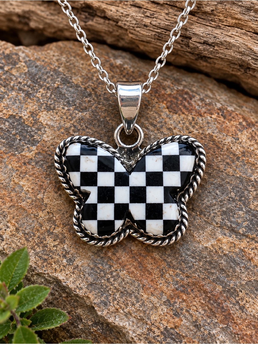 P5 Butterfly Checkerboard Sterling Silver Southwestern Boho Pendant | Size: 1.2”